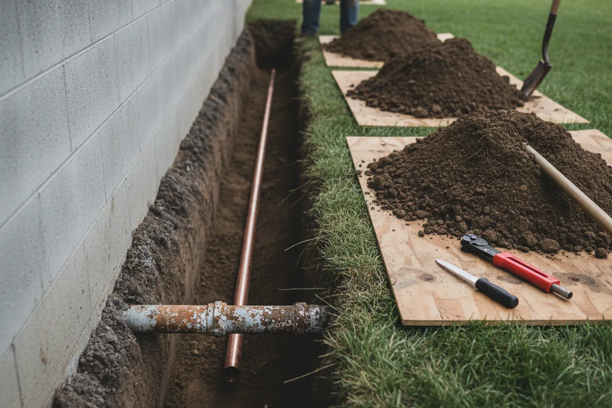 Excavated water line trench during Sewer Line Repair in Hanlontown